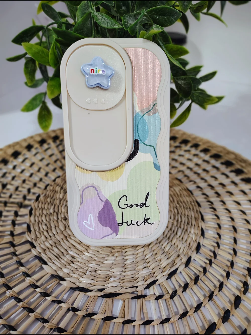 Slim Protective IPhone 15 Pro Case with Decorative Pop Socket - Beige & Pastel